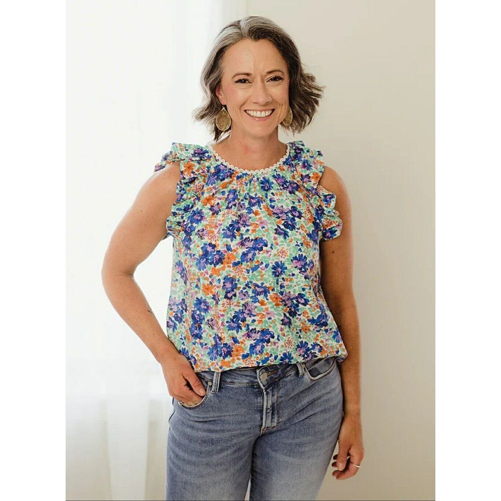 Perch Blu Pepper Eyelet‎ Trimmed Vibrant Colorful Floral Top Flutter Sleeves 2XL